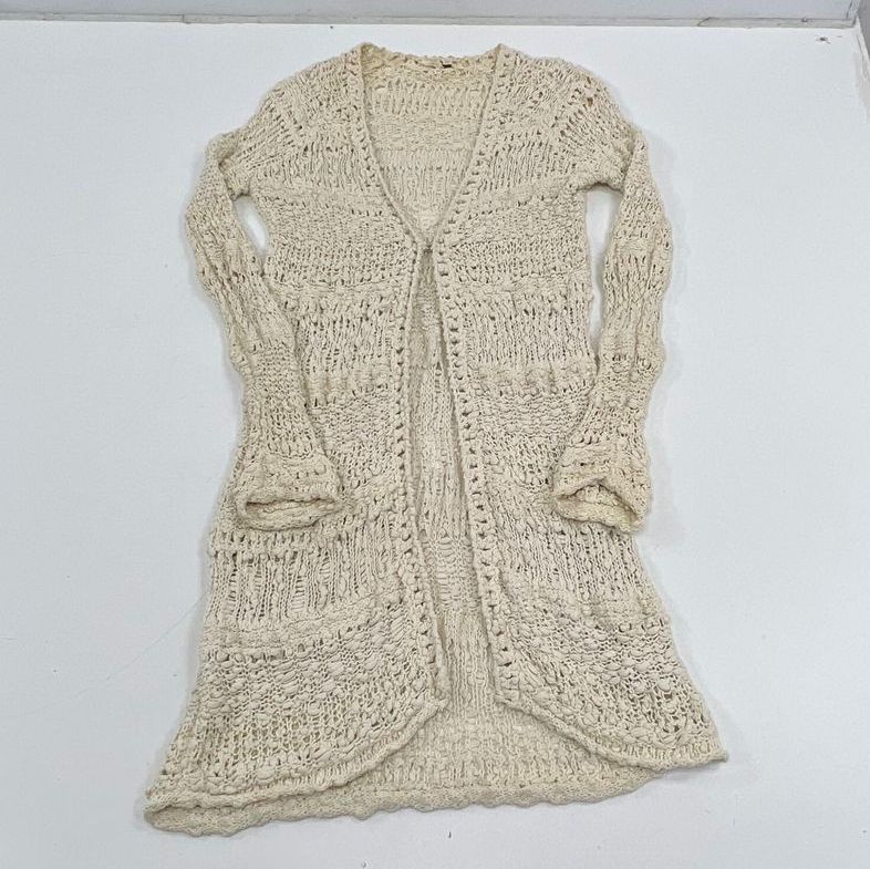 Free People Cream Open Knit Crochet Boho Duster Cardigan Sweater Womens