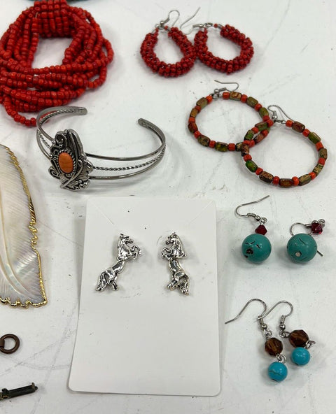 Lot 14pc Southwestern Style Jewelry Faux Turquoise Coral Cross Feather Horses