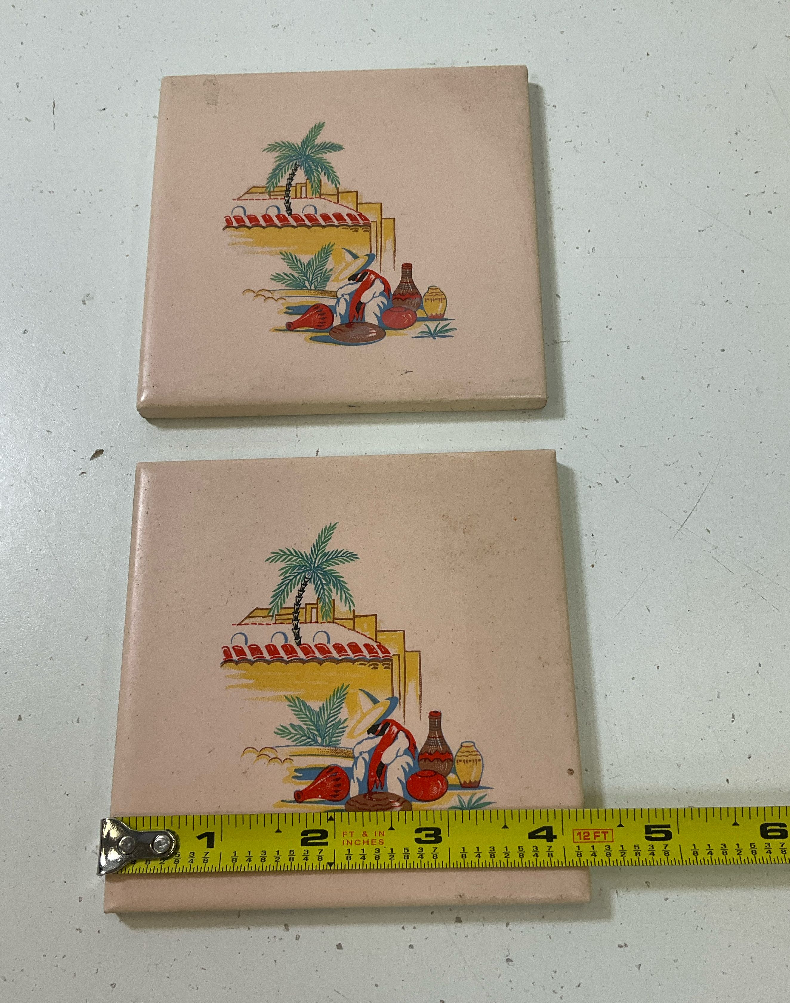 Vintage PT&P Co Ramona Tiles Lot Of 2 Peach Southwestern Motif Made In USA 4x4