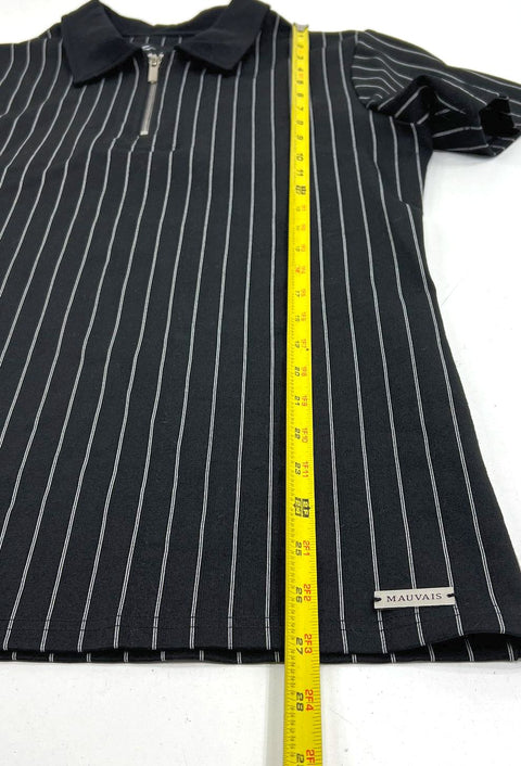 Mauvais Black Pinstripe Quarter Zip Ribbed Polo Shirt Men's Size L
