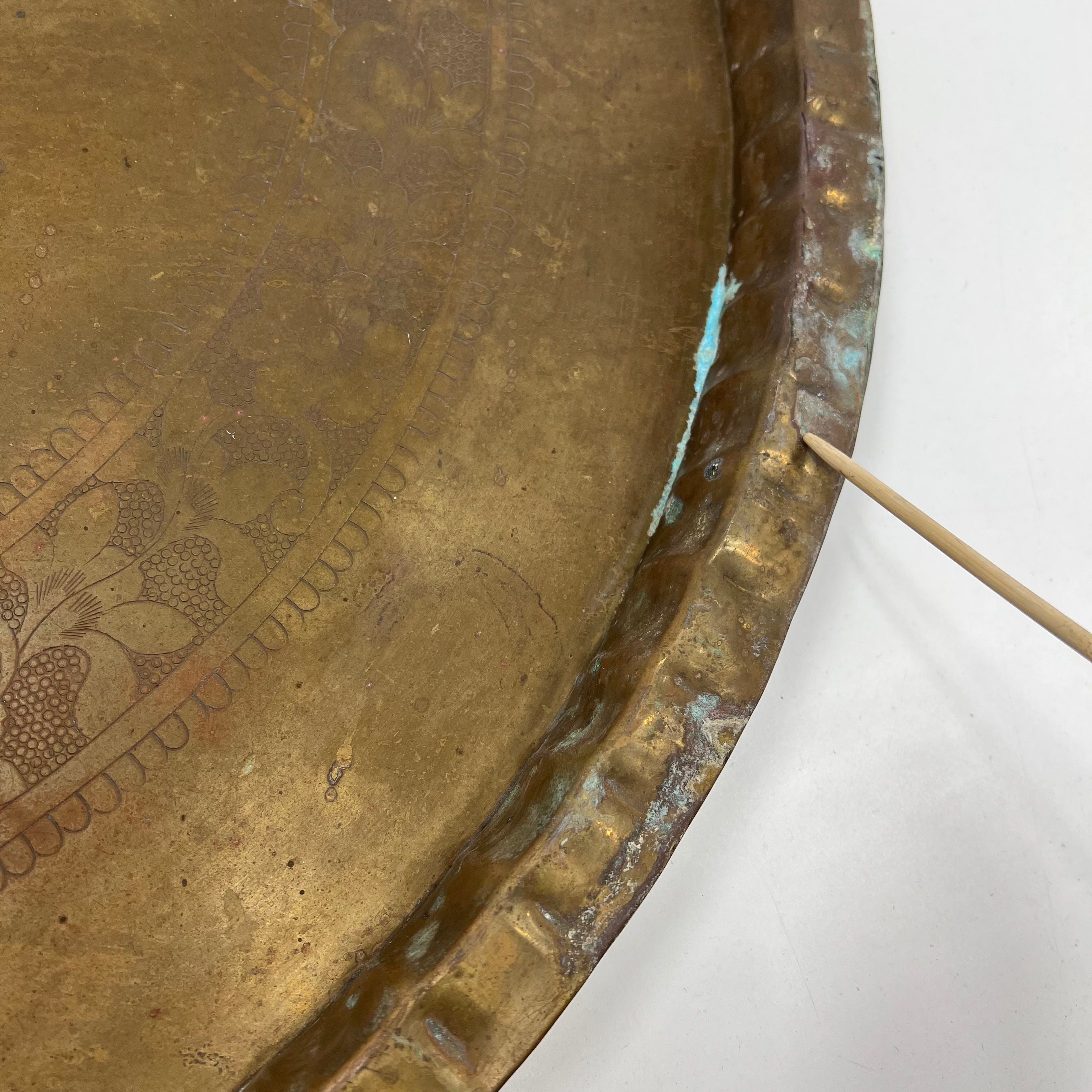 Vintage Large Brass Moroccan Indian Style Tray Table Top Embossed Floral 35.5"