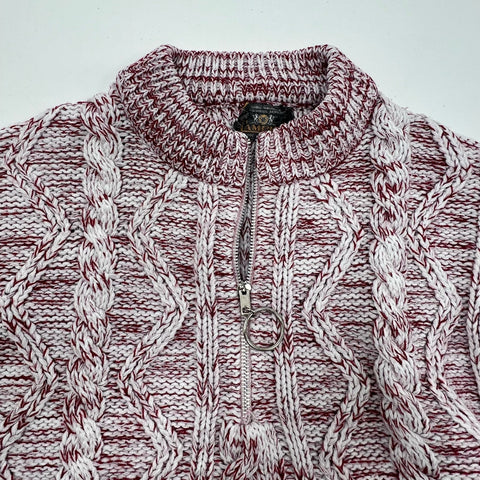 Vintage 70s Campus Red White Marled Cable Knit Ring Pull 1/4 Zip Sweater