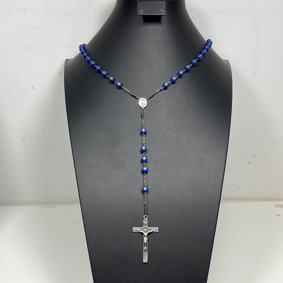 Vintage Blue Beaded Sterling Silver Crucifix Rosary