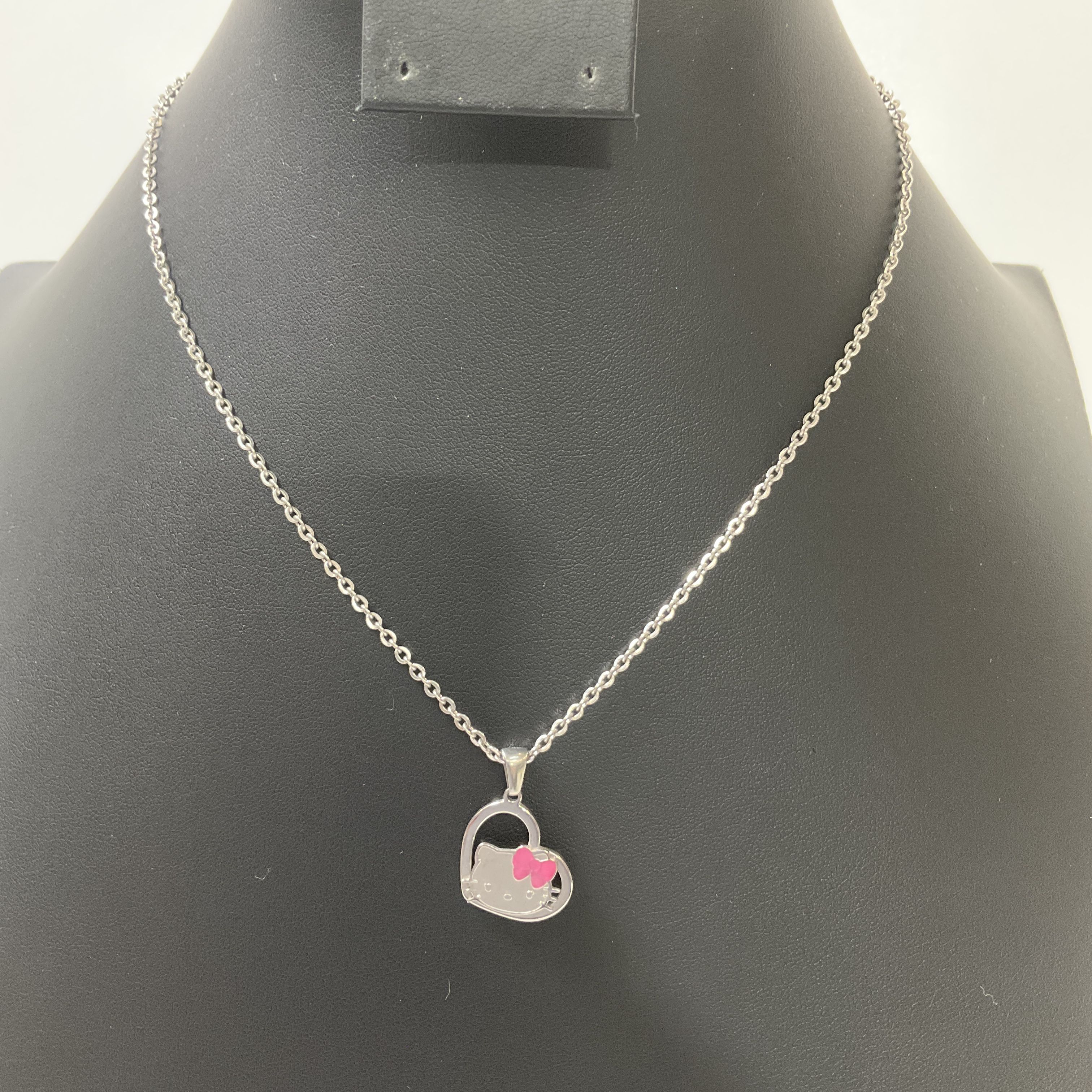 Sanrio Hello Kitty Face in Heart Pendant Stainless Steel Necklace Pink Bow
