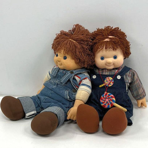 Vintage House of Loyd Style Dolls Lot of 2 Yarn Hair Boy Denim Overalls 1980s