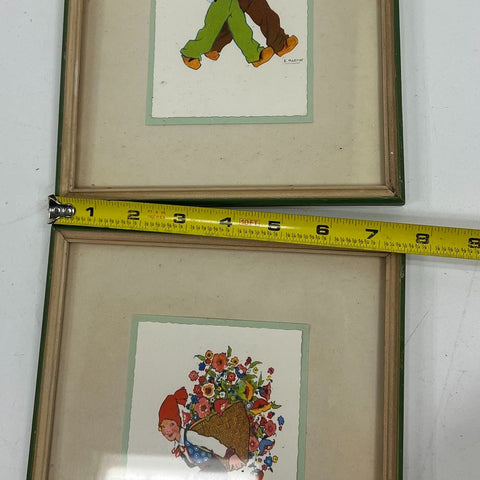 Vintage E. Martin Framed Print Lot 2 Mid-Century Folk Art Dutch Style Children