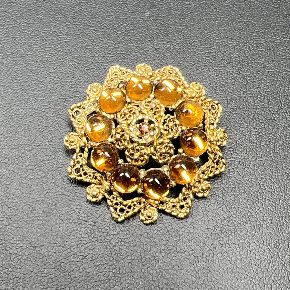 Vintage Style Brown Rhinestone Gold Tone Filigree Brooch