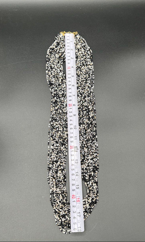 Vintage Joan Rivers Signed Multi-Strand Seed Bead Statement Necklace Black White