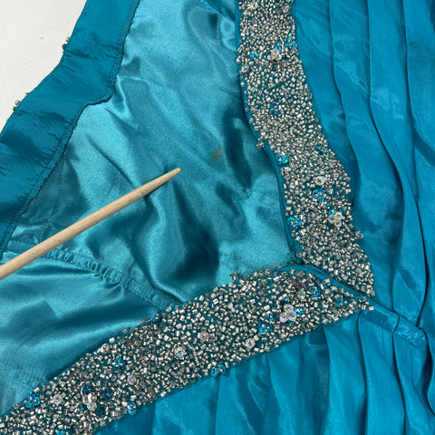 Vintage Y2K Mystique Teal Blue Beaded Strapless Taffeta Prom Gown Dress