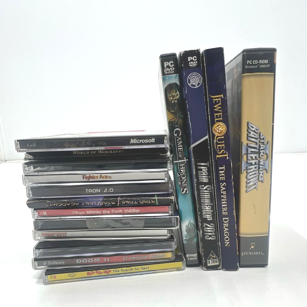 Lot of 16 PC DVD Rom Games Star Trek Train Simulator Star Wars Tron 2.0 Dr. Who
