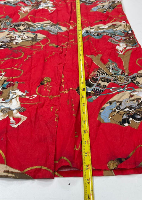 Vintage Kaburai Shoji Red Cotton Samurai Print Kimono Robe Yukata Men's 58"