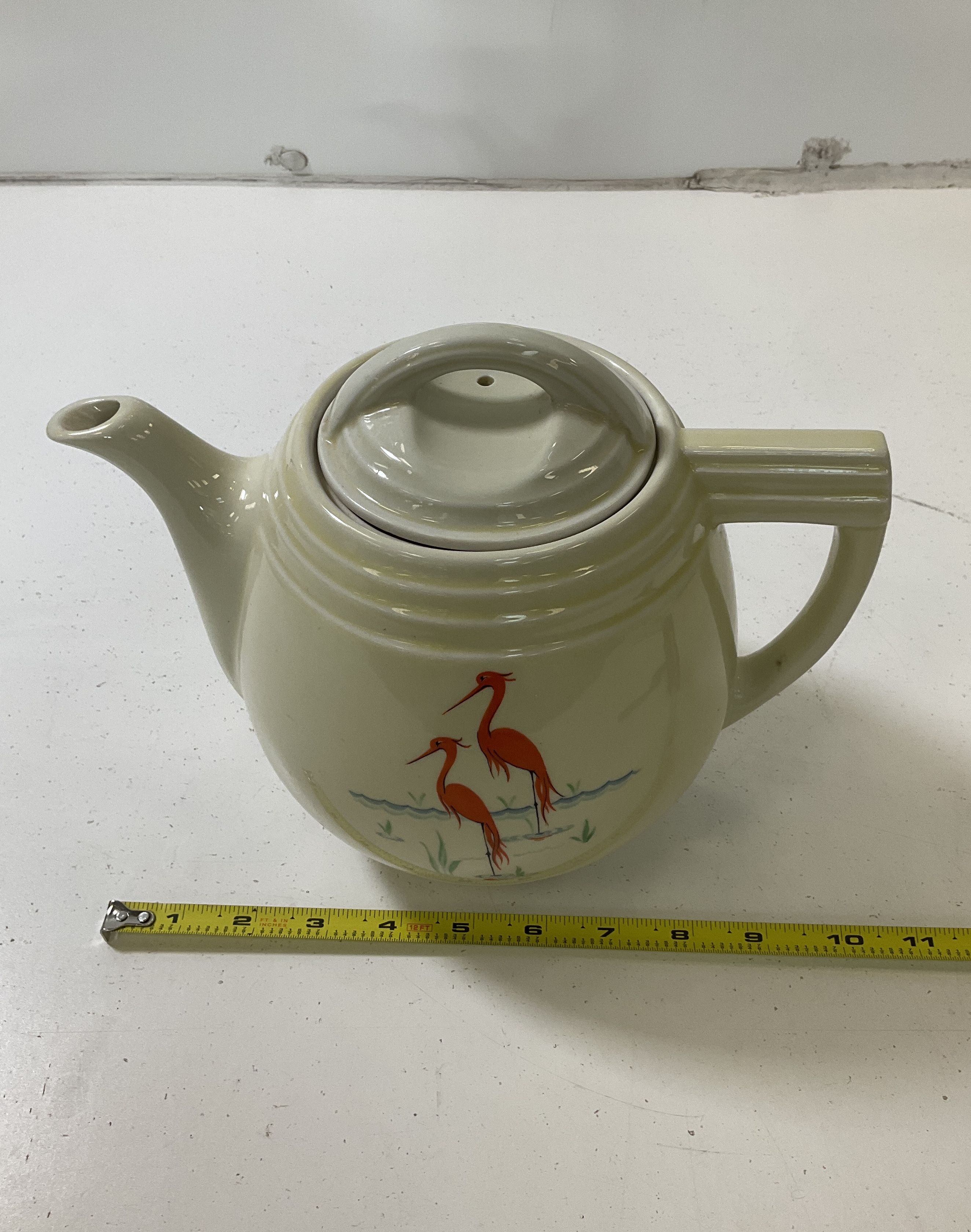 Vintage 1930s Drip O Later Art Deco Crane Birds Ceramic Coffee Pot & Lid UV Glow