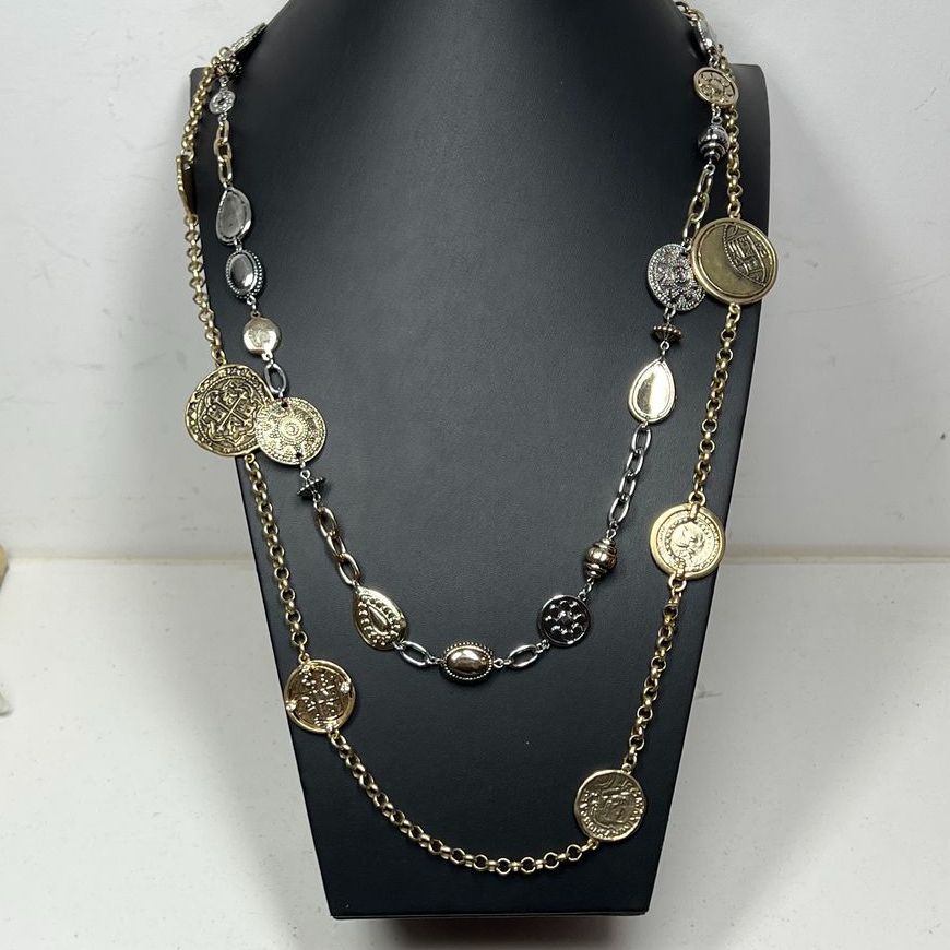 2 Chico's Chain Faux Coin Charm Necklaces