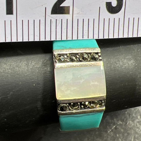 925 Sterling Silver Turquoise Mother Of Pearl & Marcasite Ring Size 8.5 5.08g