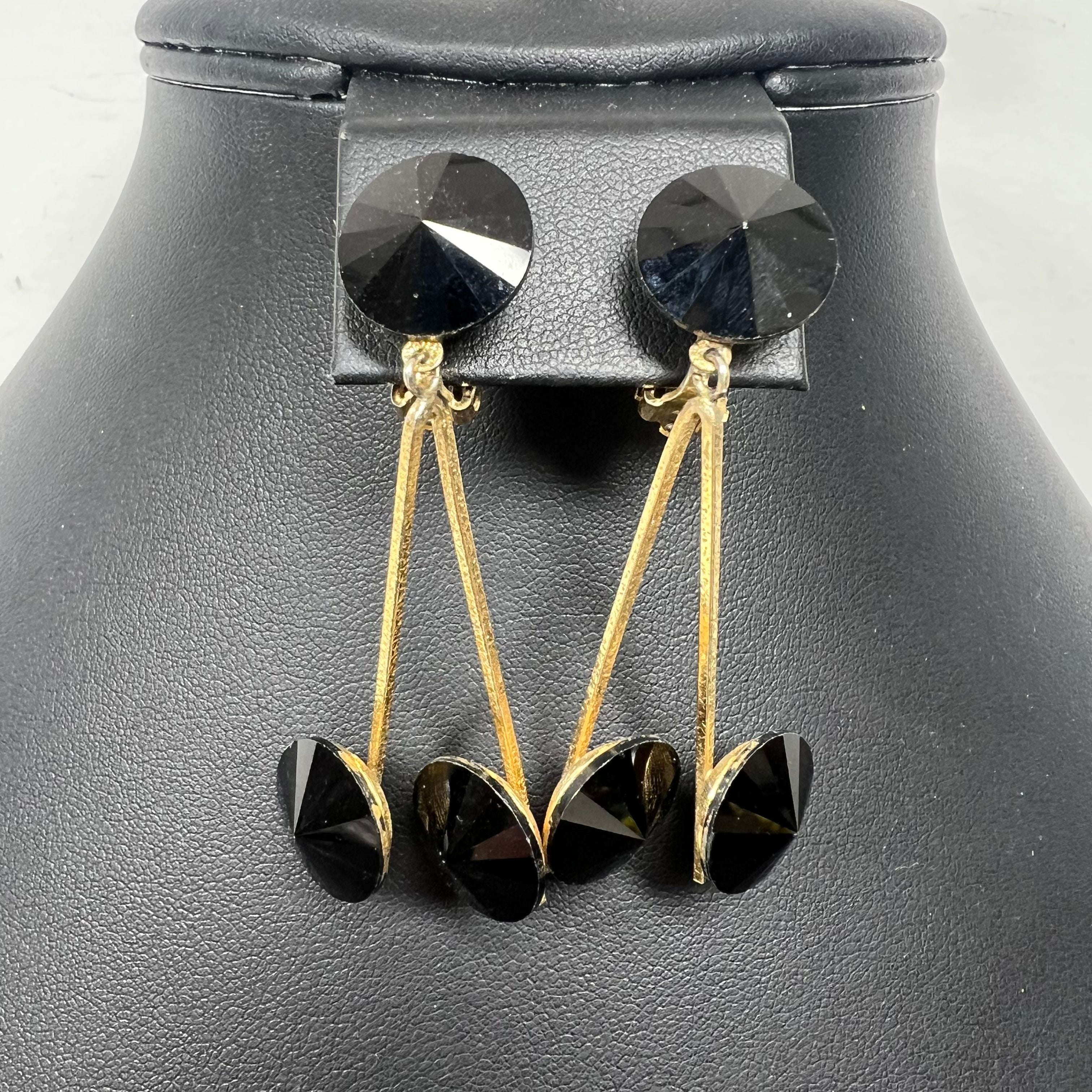 Vintage Lewis Segal Dangle Black Rhinestone Gold Tone Clip On Earrings