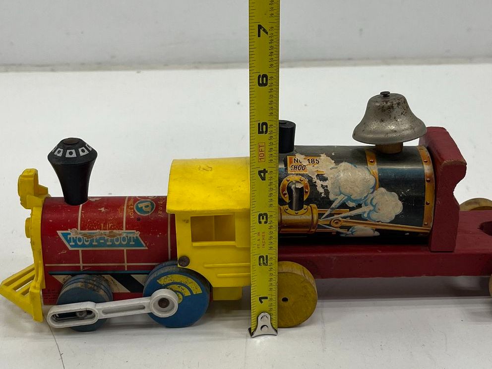 Vintage 60s Fisher Price Wood Pull Toy Train Lot Toot-Toot & No. 485 Choo Choo