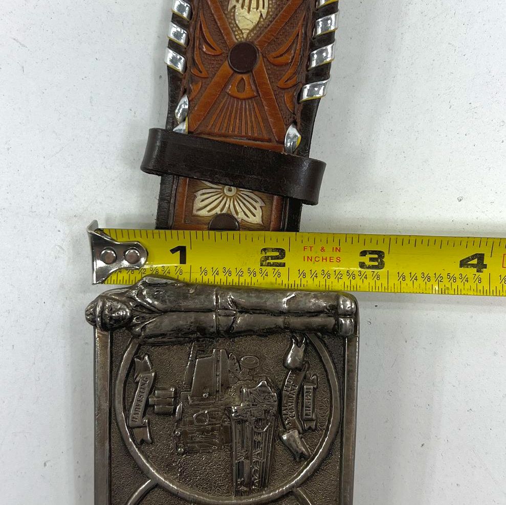 Vintage 80s Spec-Cast IH Gutenberg Printing Press Buckle Tooled Leather Belt 38