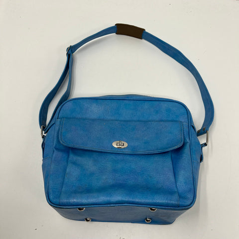 Vintage 70s Samsonite Blue Faux Leather Flight Bag Carry On Satchel Silver Tone