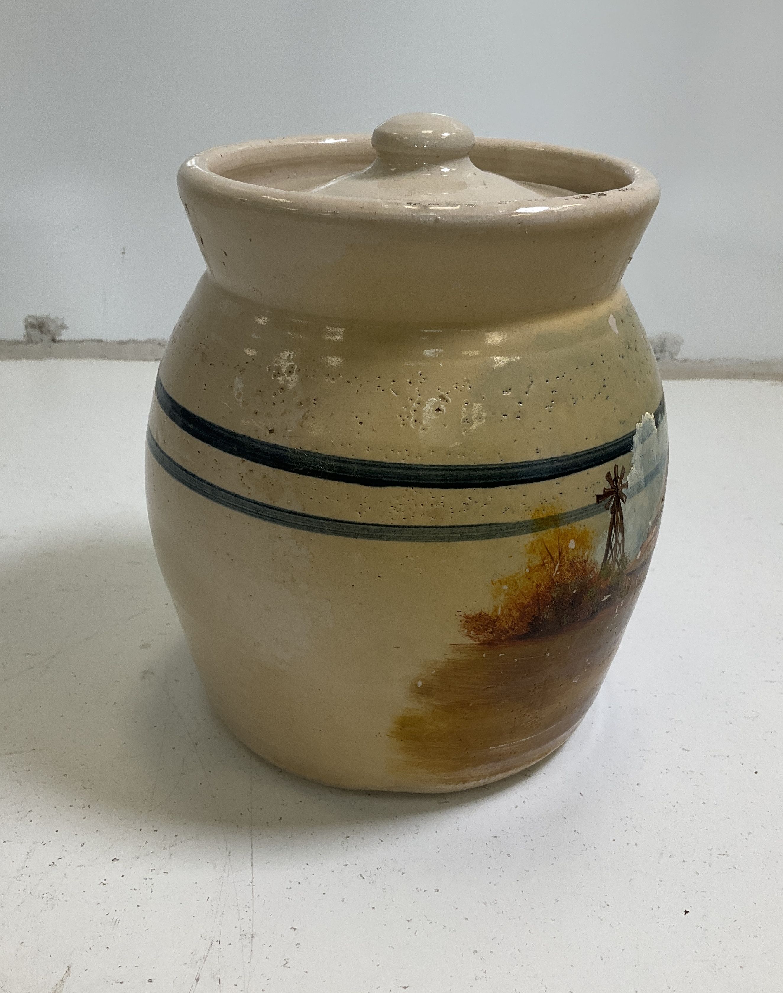 Vintage Signed Hatness Hand Painted Barn Canister Crock Jar 1987 9 Inch