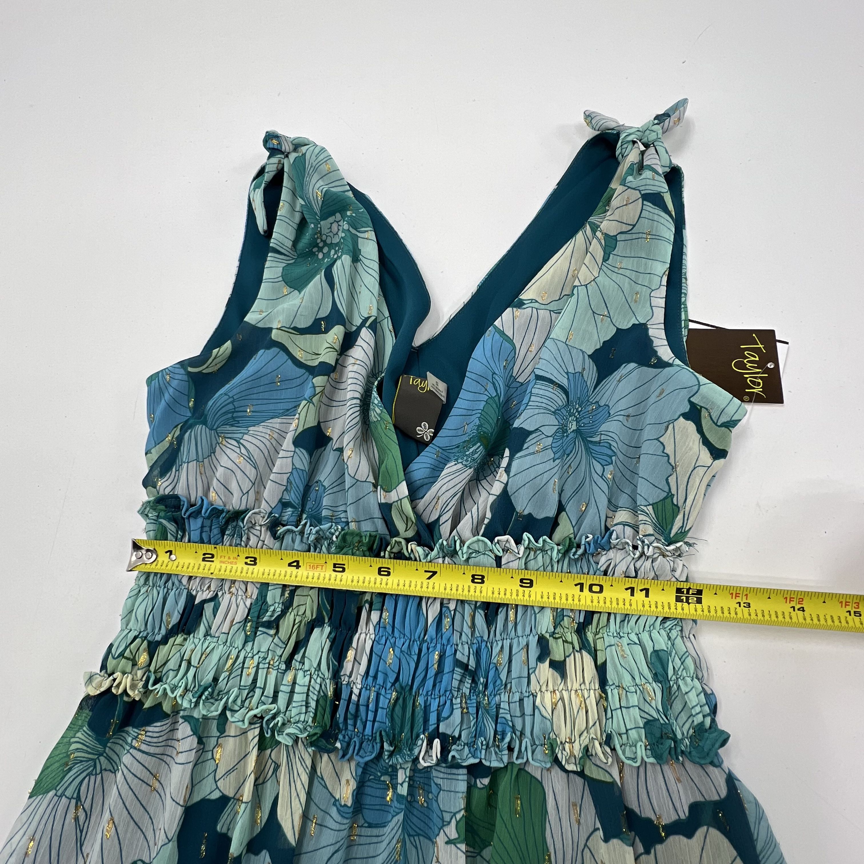 Taylor Blue Green Floral Metallic Smocked Tiered Maxi Dress Size 2 NWT