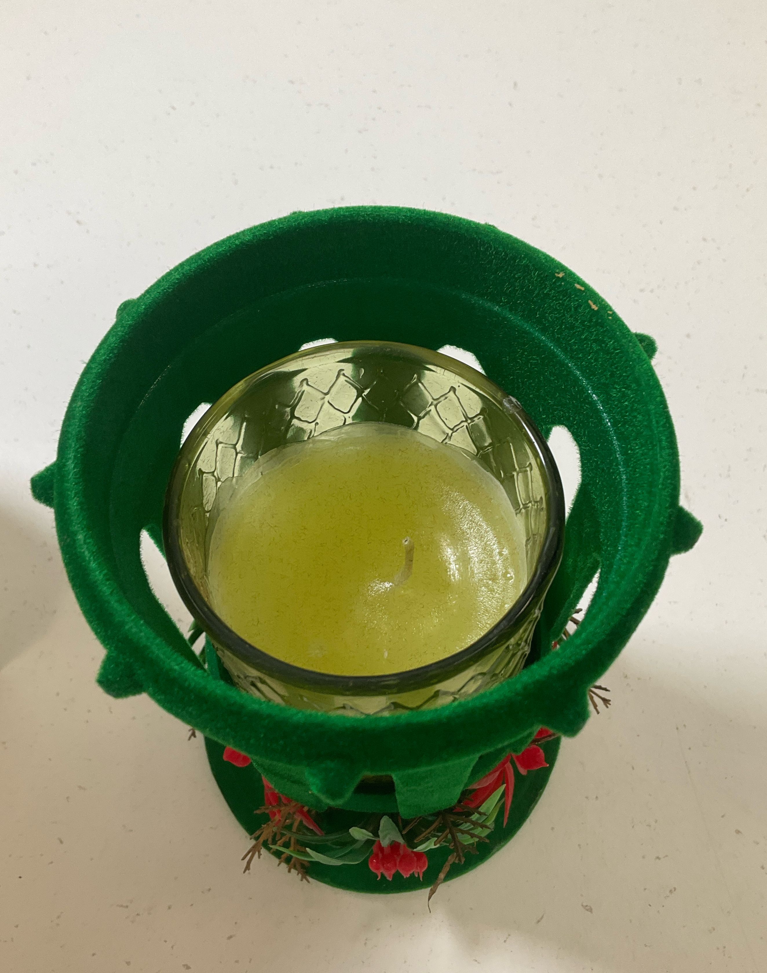 Vintage Green Flocked Cathedral Candle Christmas Decor EF Laurence Co Unused IOB