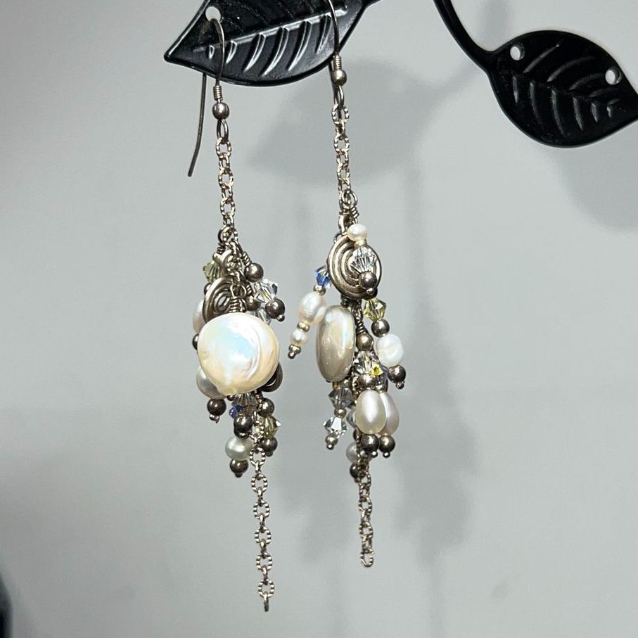 Sterling Silver Pearl Multifaceted Beaded Dangle Earrings