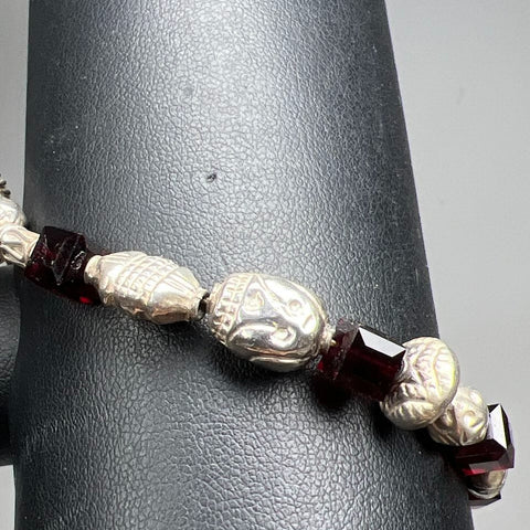 Sterling Silver Skull & Red Glass Beaded Bracelet 16.19g
