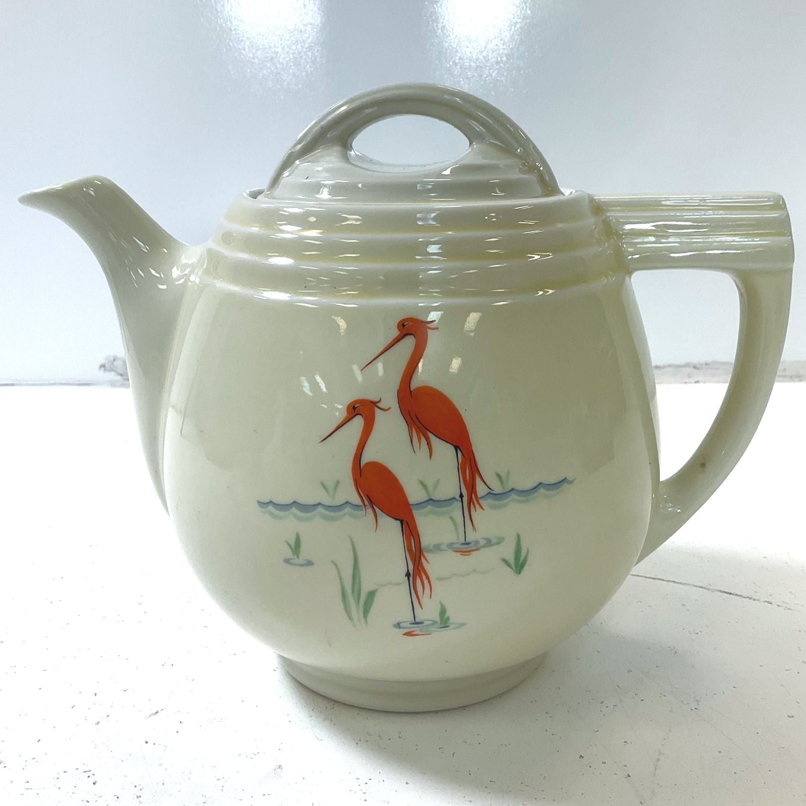 Vintage 1930s Drip O Later Art Deco Crane Birds Ceramic Coffee Pot & Lid UV Glow