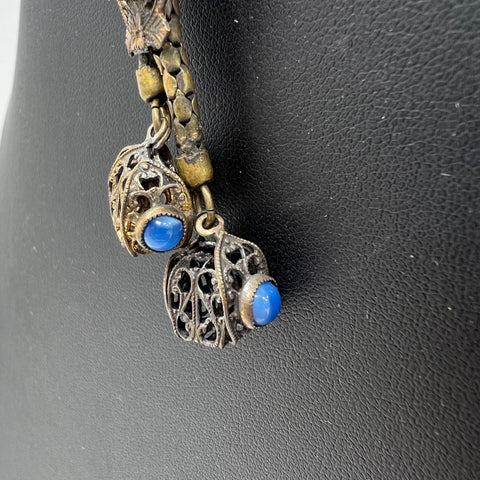 Vintage Art Nouveau Style Brass Tone Blue Stone Filigree Lariat Necklace