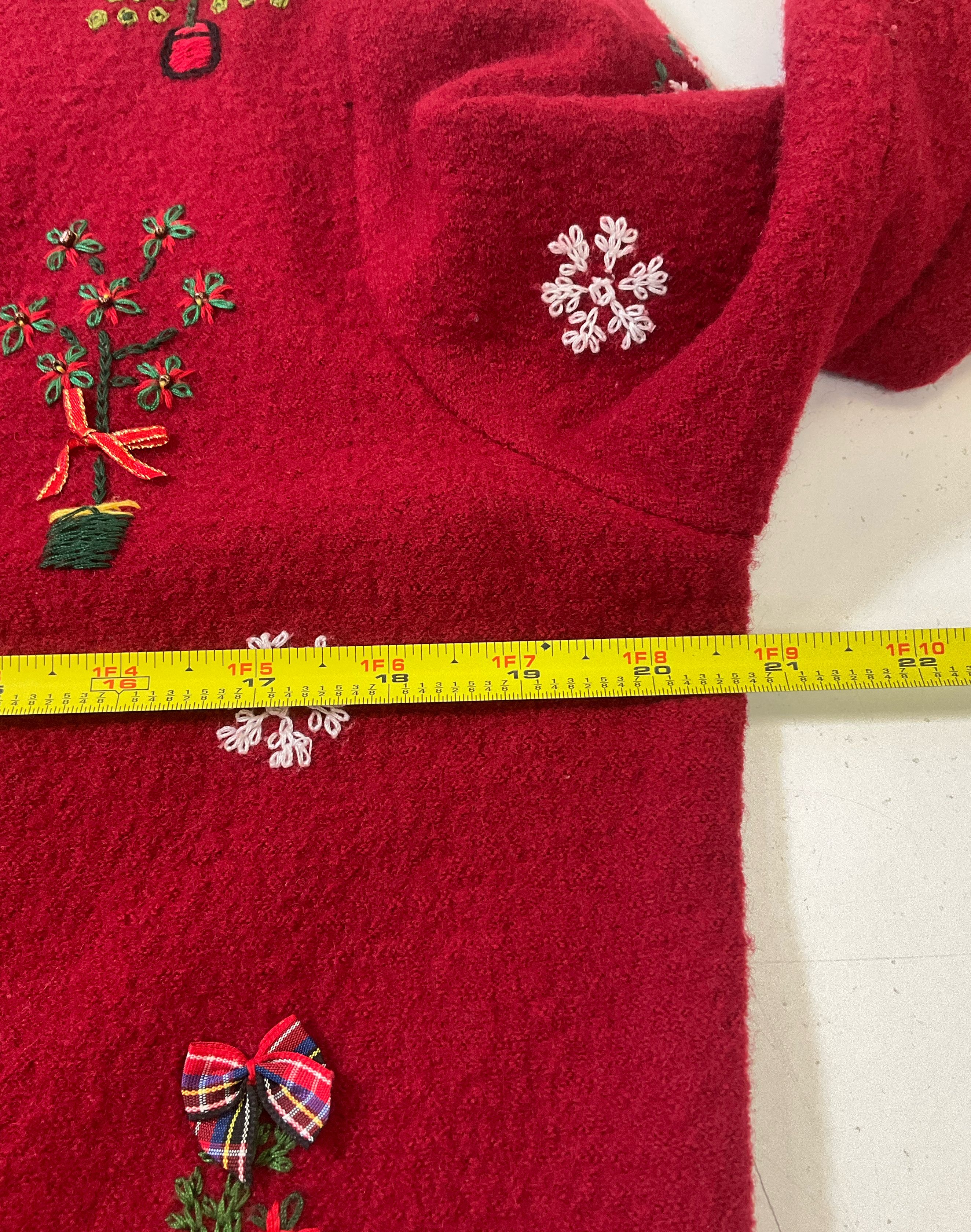 Talbots Women's Red Embroidered Topiary Cardigan 100% Wool Size Petite M Vintage