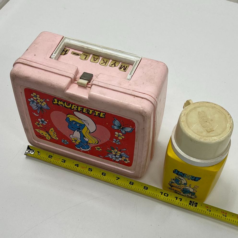 Vintage 80s Thermos Smurfette Pink Plastic Lunchbox with Yellow Smurf Thermos
