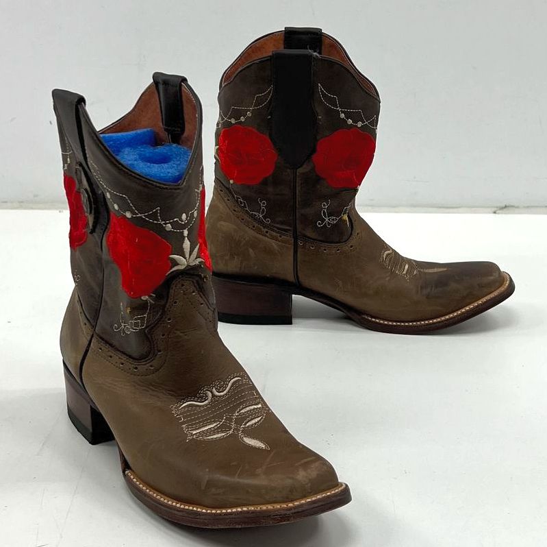 Verthali Women's Brown Floral Embroidered Faux Leather Cowboy Boots Size 9.5