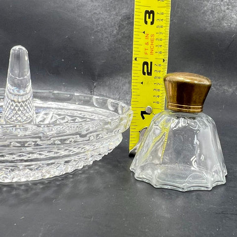 Vintage Mid-Century Pressed Glass Ring Holder & Perfume Bottle Vanity Set