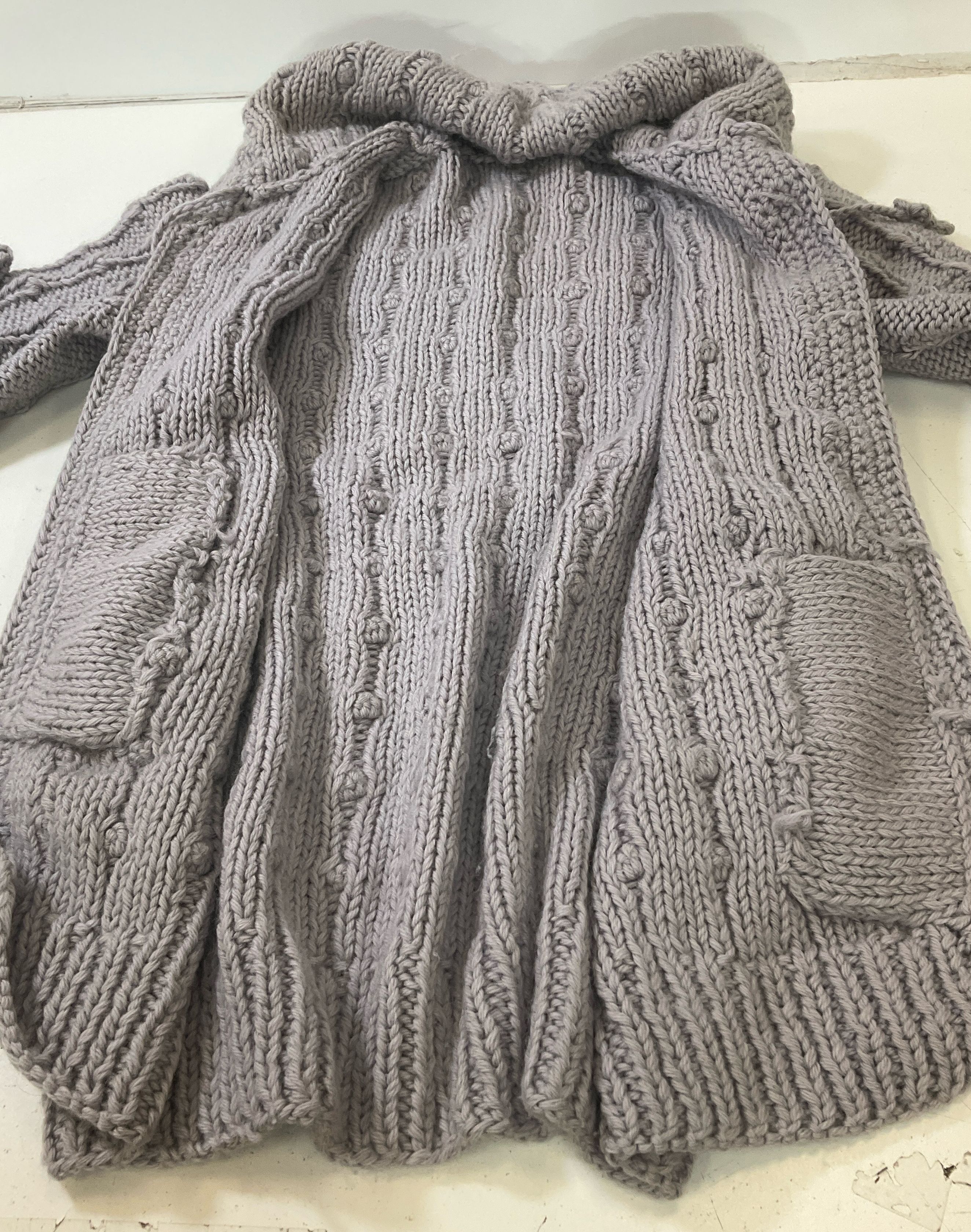 Vintage Hand Knit Women's Gray Cardigan Sweater Coat Braided Ball Knit Size M/L