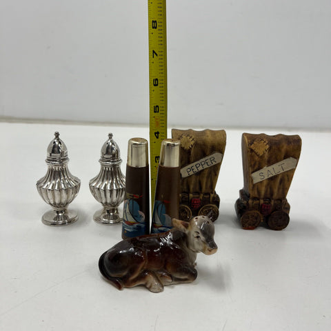 Vintage Salt & Pepper Shaker Lot Silver Plate Wood Ceramic 5 Sets NOS Boxed