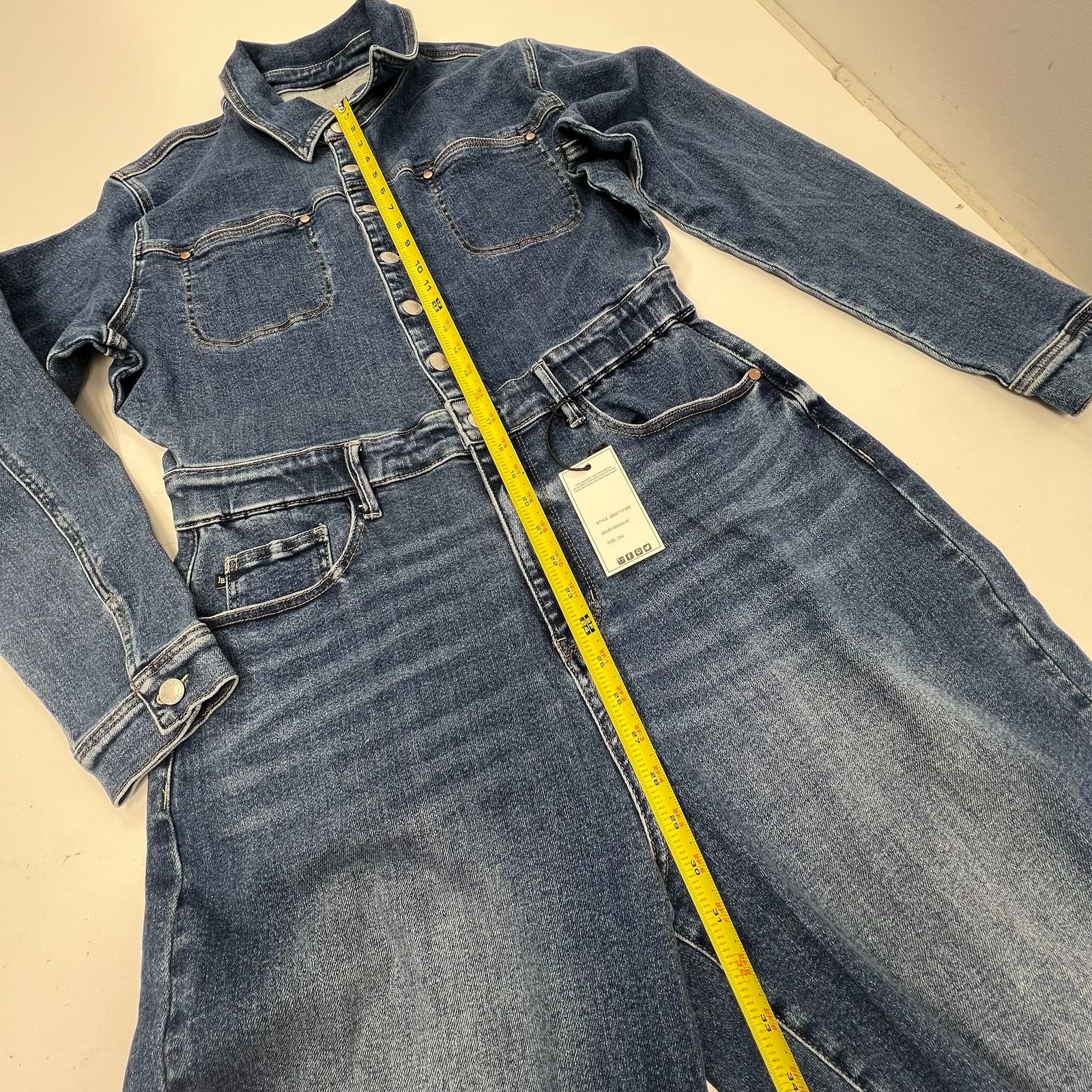 Judy Blue Med Wash Blue Denim Flare Leg Long Sleeve Jumpsuit Womens 2XL NWT