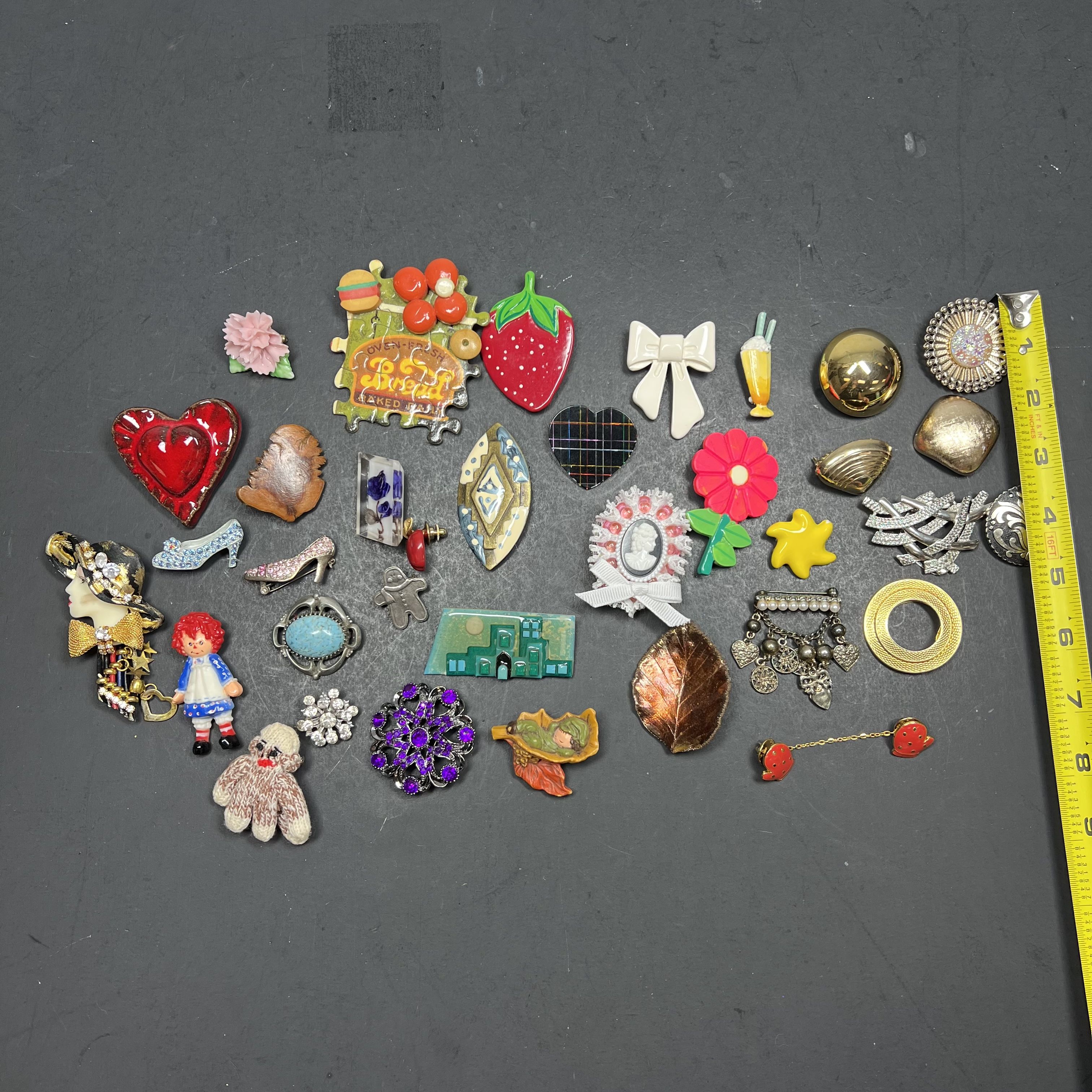 Assorted Styles Brooches Pins Scarf Clips Gold Silver Tone Sock Monkey Food Bow