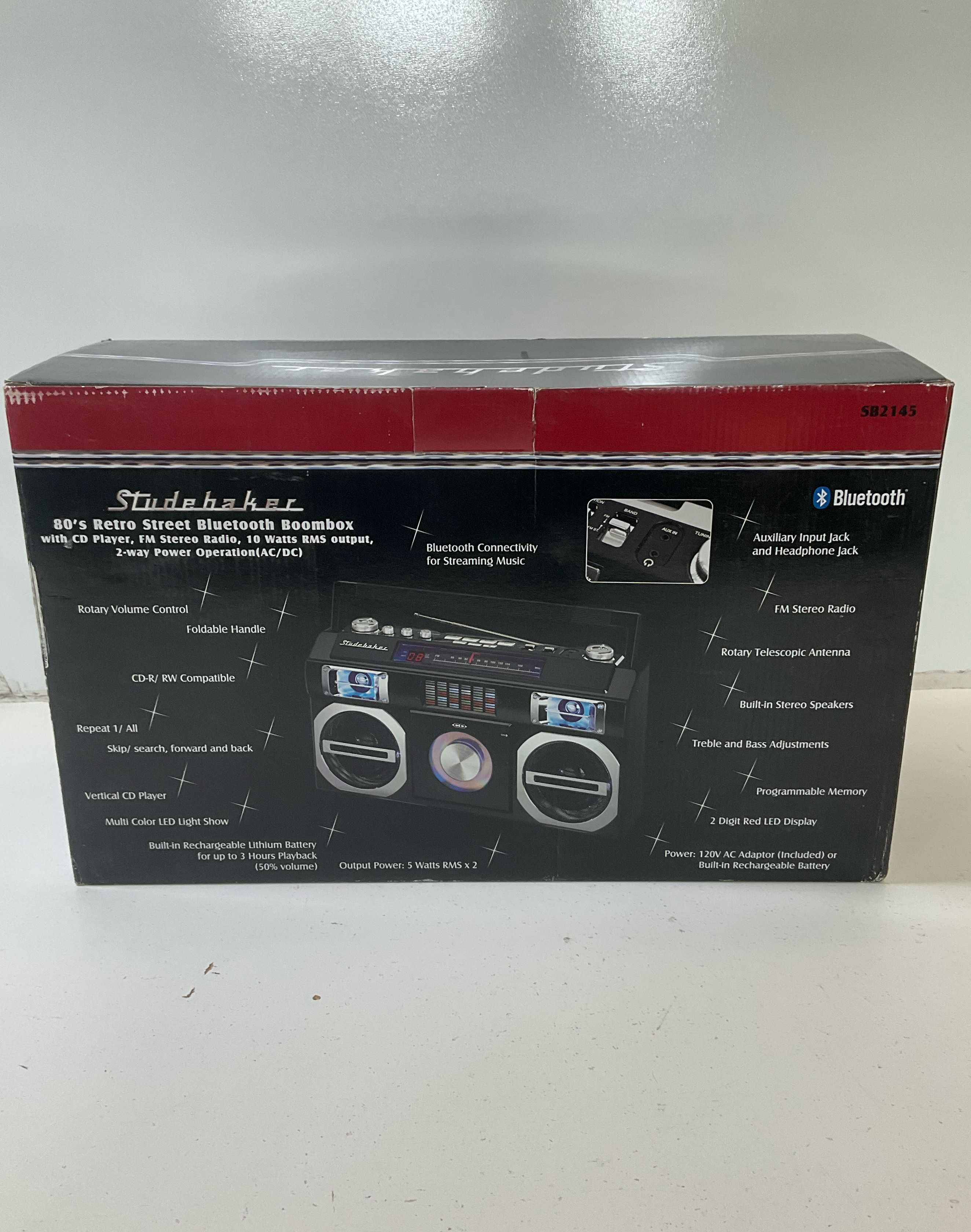 Studebaker SB2145 80s Retro Street Bluetooth Boombox CD/FM New Open Box