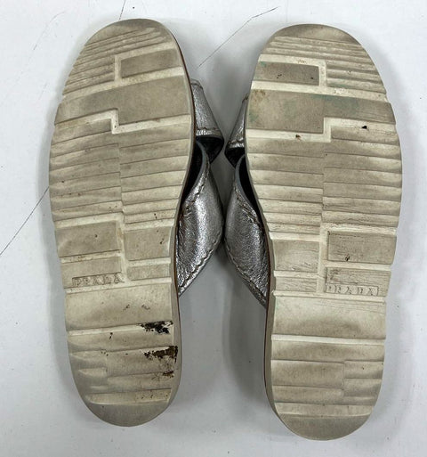 Prada Metallic Silver Leather Criss Cross Platform Slide Sandals Size 37