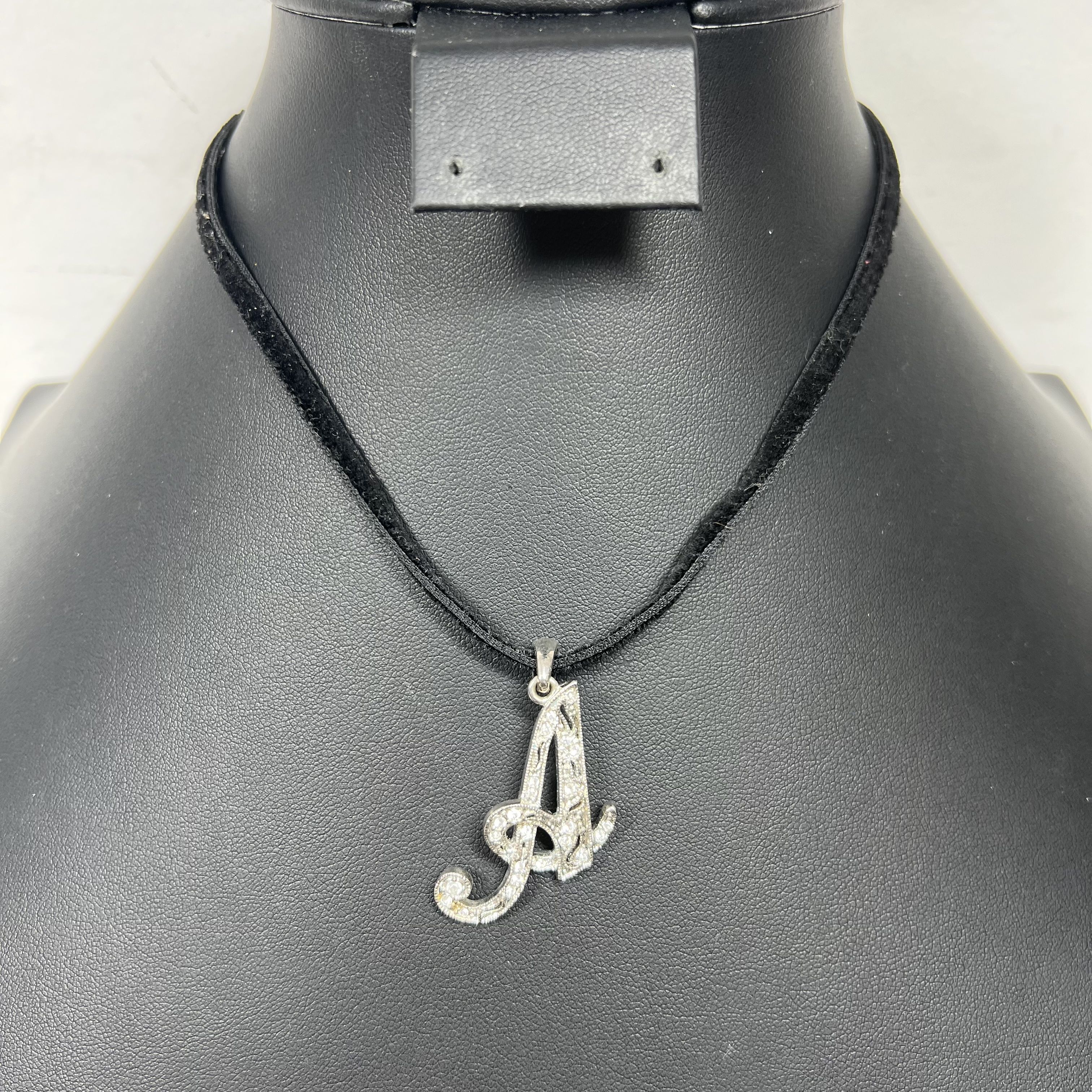 Vintage Monet Black Suede Choker Necklace Initial Letter Cursive A Pendant