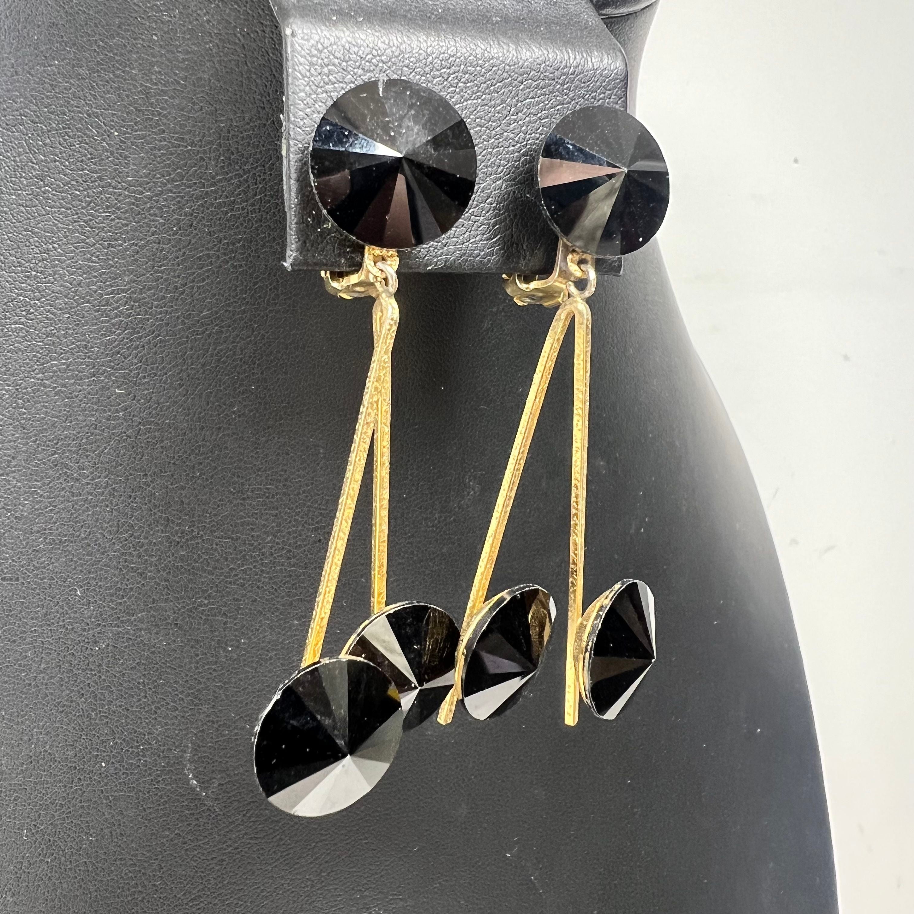 Vintage Lewis Segal Dangle Black Rhinestone Gold Tone Clip On Earrings