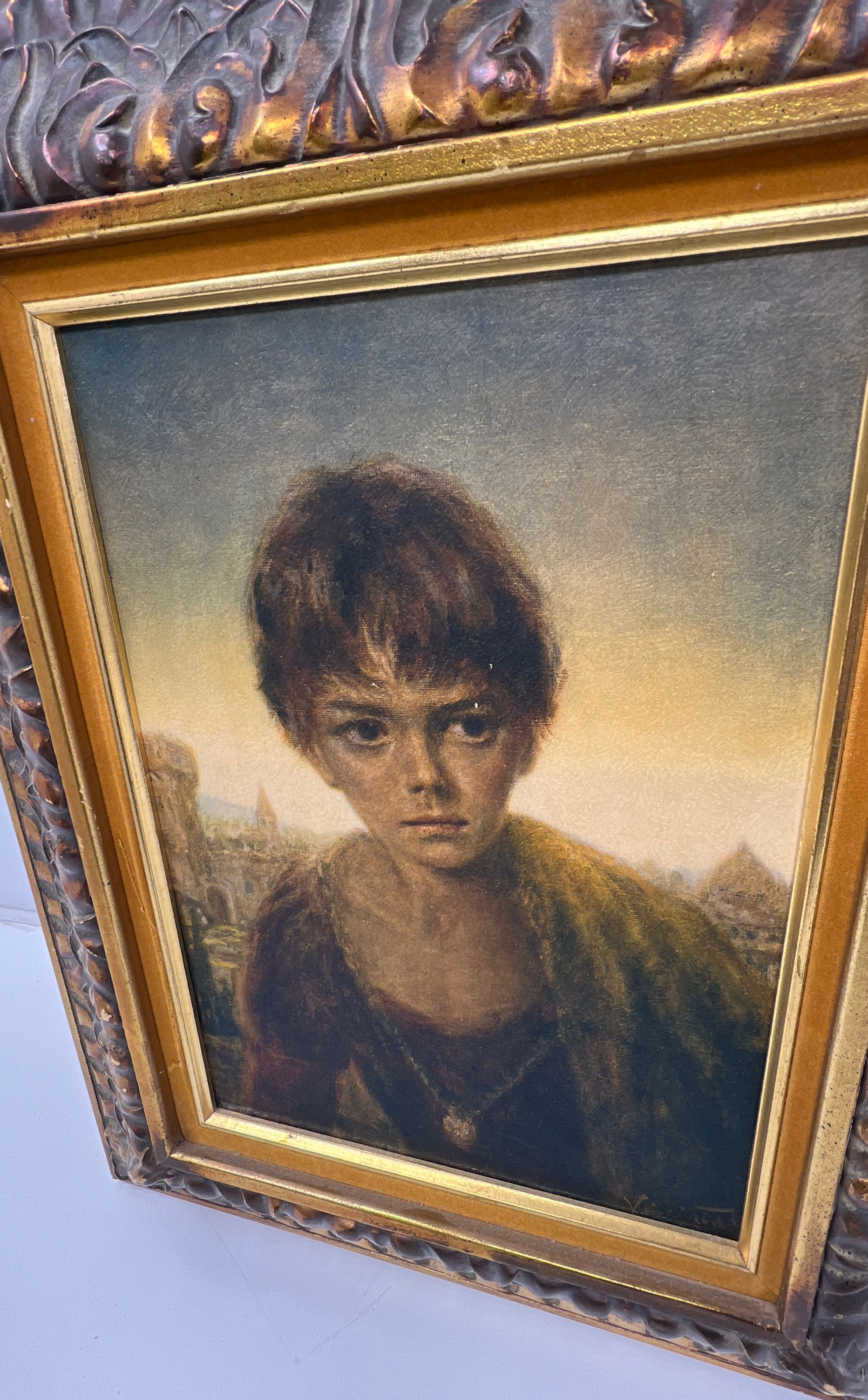 Vintage Joseph Wallace King Vinciata Framed Print of Boy Claudio Gold Tone Frame