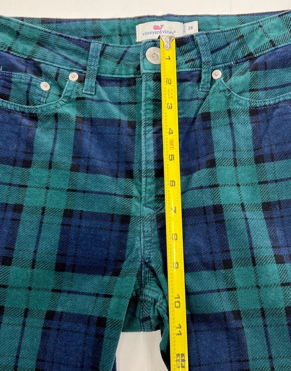 Women's Vineyard Vines High Rise Green Blue Plaid Corduroy Flare Pants - Size 28