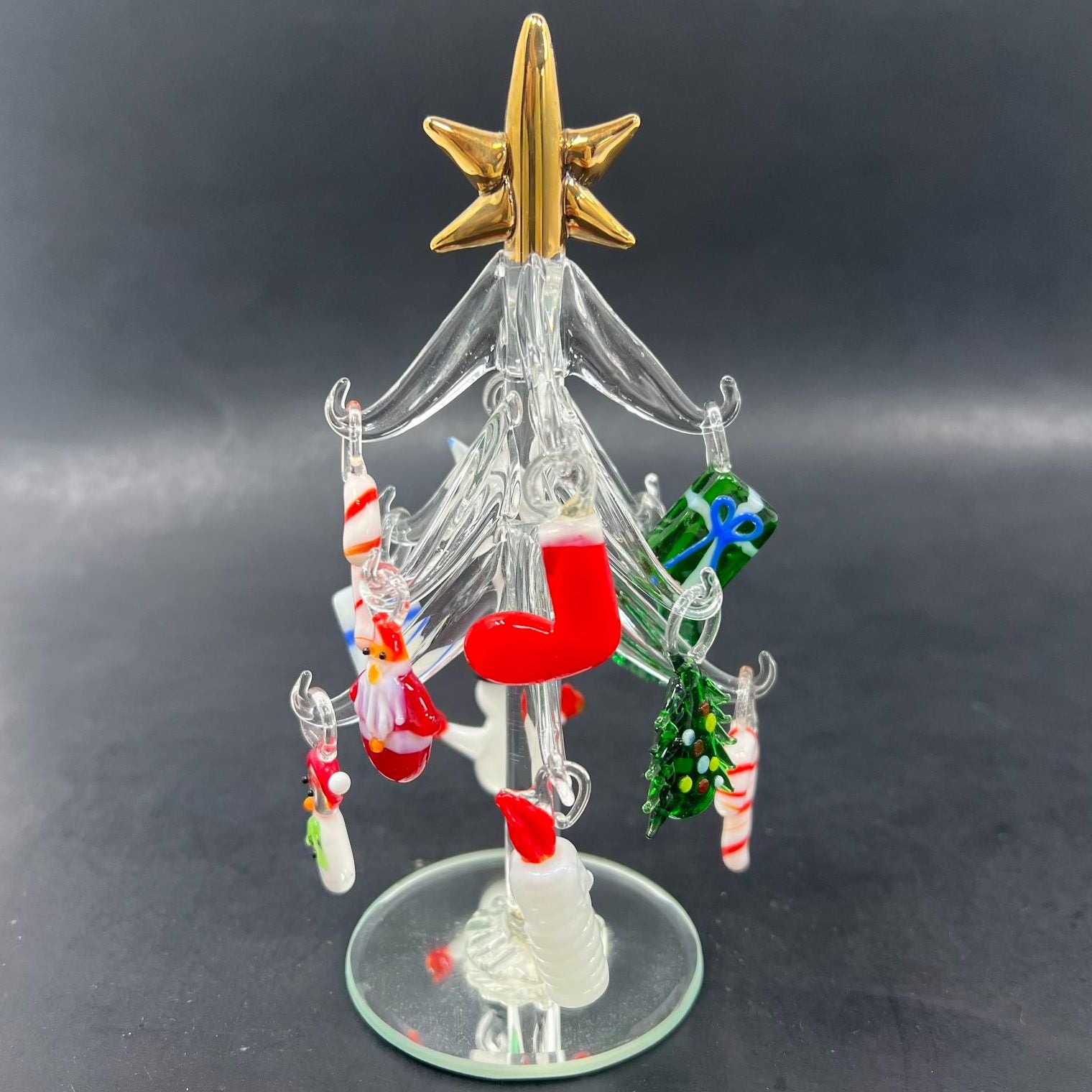 Hand Blown 13 Mini Ornaments Glass with Christmas Tree Art Glass Stand