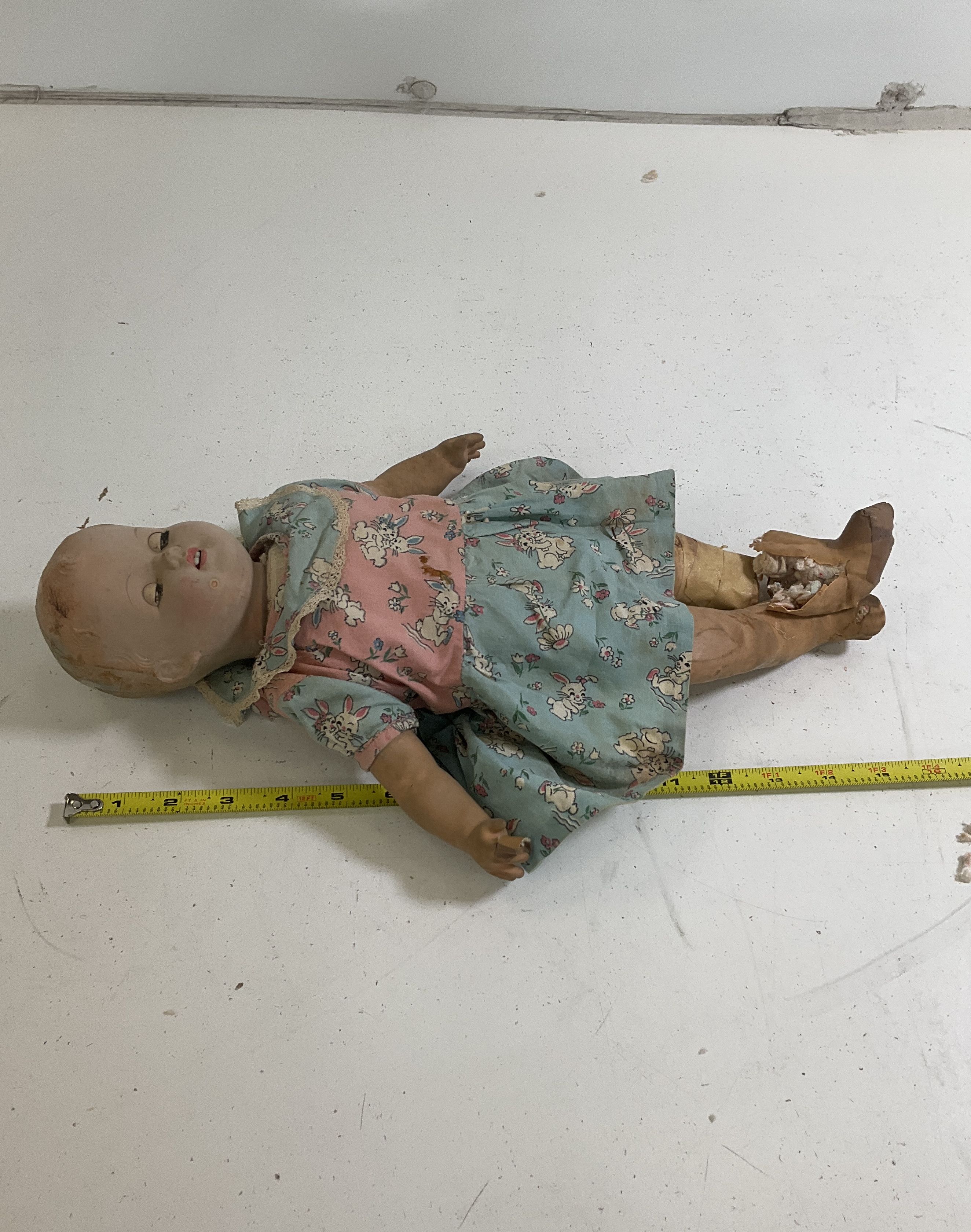 Vintage Pink Blue Dress Cloth Stuffed Baby Doll Damaged Fair Poor Condition 16"