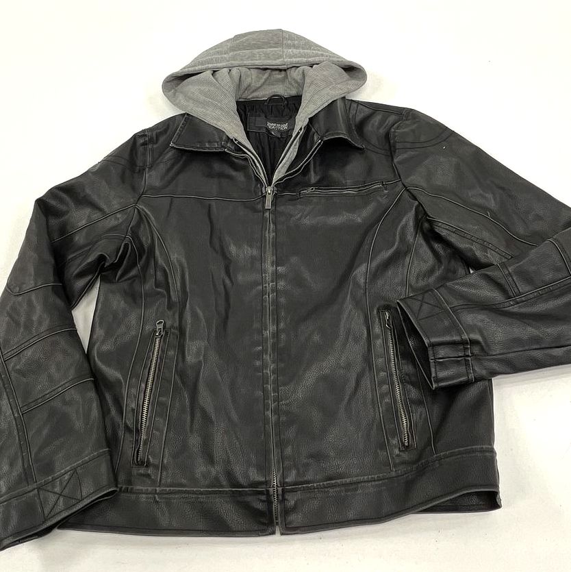 Kenneth Cole Reaction Black Faux Leather Hooded Moto Jacket Men's M