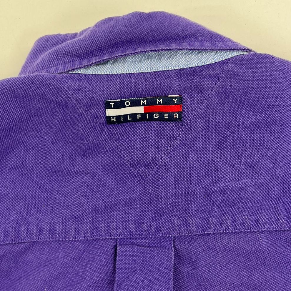 Vintage 90s Tommy Hilfiger Purple Cotton Flag Logo Button Down Shirt Womens 10