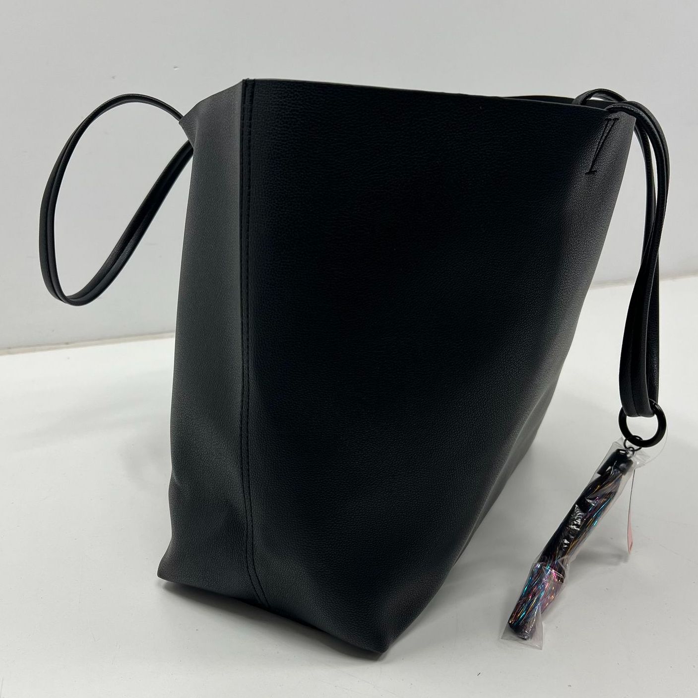 NWT Victoria Secret Large Tote Black Faux Leather Tinsel Tassel $99