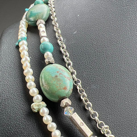 Sterling Silver Turquoise & Pearl Beaded Necklace 44.92g
