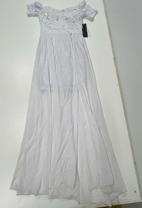 NWT La Scala Sequin Lace Off Shoulder Maxi Gown White Made in USA Sz S